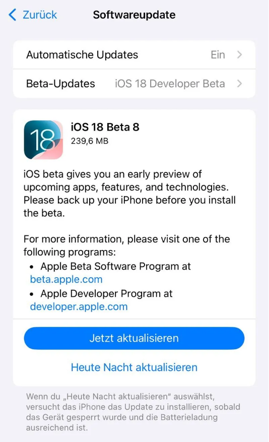 大化苹果手机维修分享苹果 iOS / iPadOS 18 开发者预览版 Beta 8 发布 